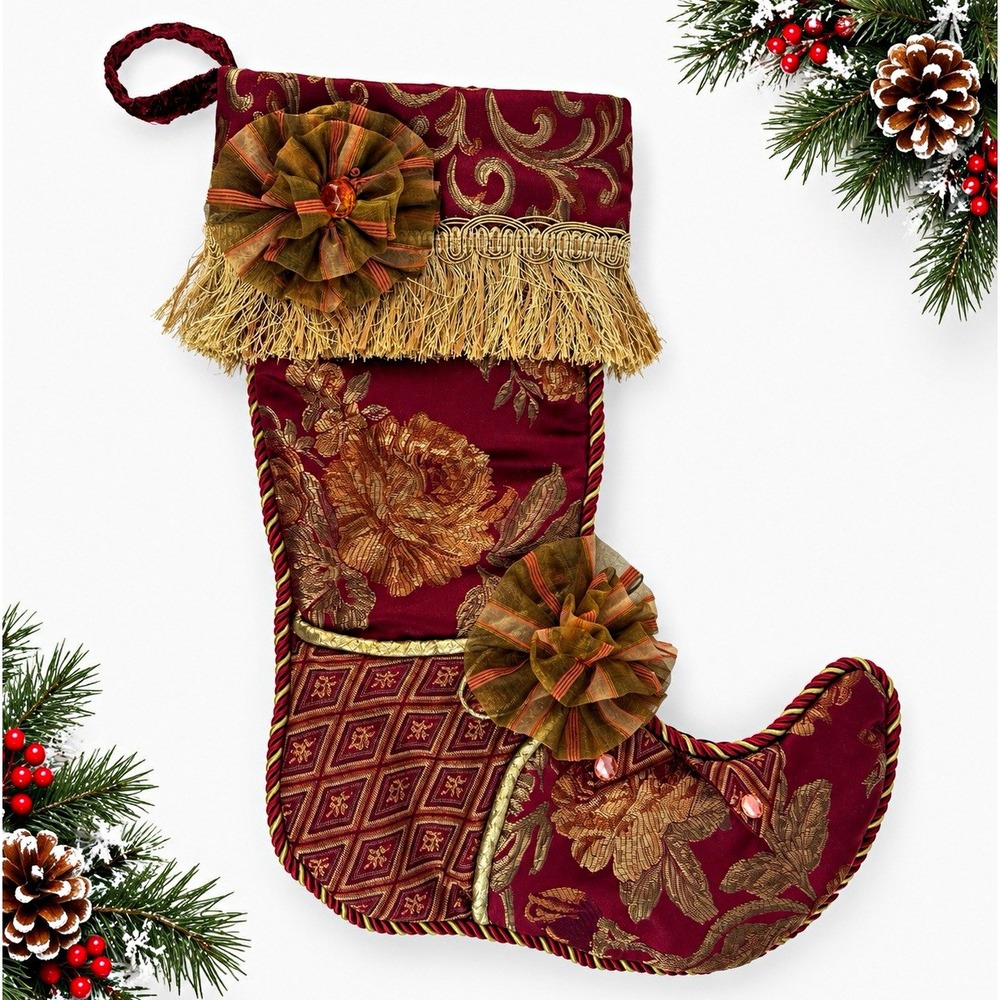 Burgundy Gold Brocade Christmas Stocking Floral Fringe Rosette Ornate Large 19"
